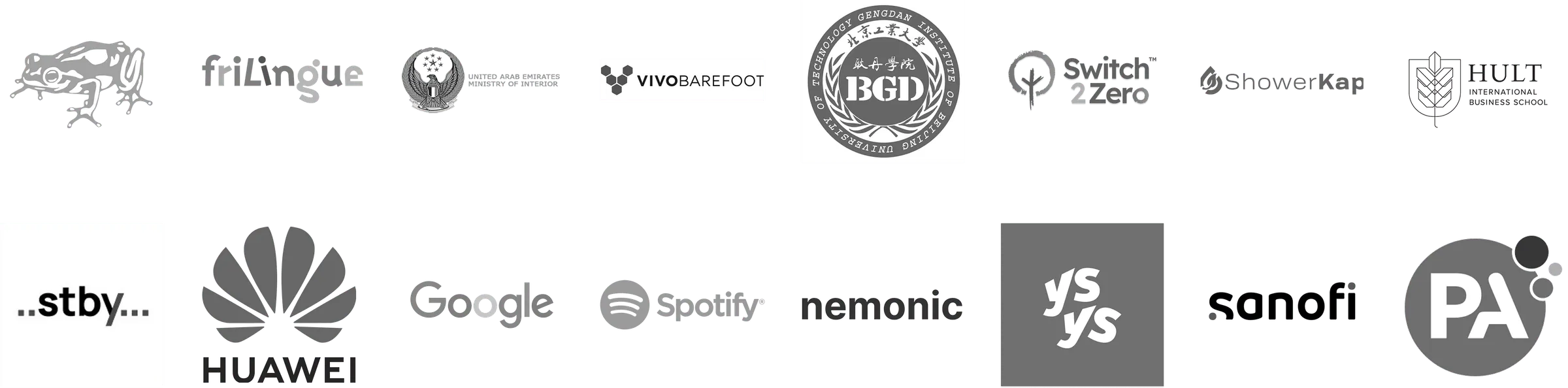 Logos of organisations Disha has worked with: frog, FriLingue, the UAE Ministry of Interior, Vivobarefoot, Beijing University of Technology Gengdan Institute, Switch2Zero, ShowerKap, Hult International Business School, STBY, Huawei, Google, Spotify, Nemonic, YSYS, Sanofi and PA Consulting